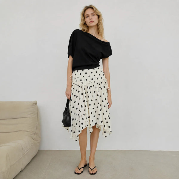 Women's Vintage Polka Dot Asymmetrical Hem Skirt White Black High Waist Drawstring Flowy Casual Midi Skirt Streetwear