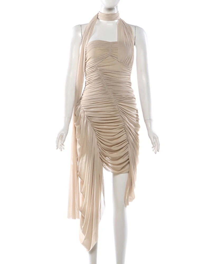 Nibber Birthday Party Dress Women Mesh Scarf Halter Y2K Double-Layer Ruched Irregular Sexy Elegant Peach Hip Clubear Bodycon