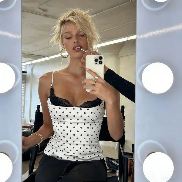 Dotty Polka-Dot Lace-Trim Cami Crop Top One-piece
