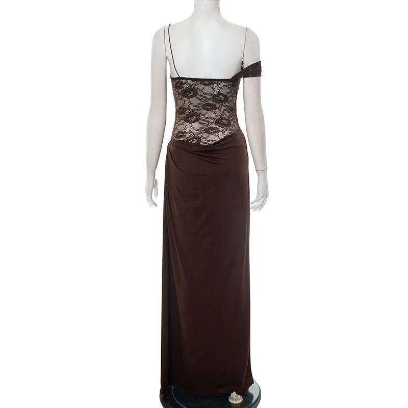 Valentina Cocoa Lace Draped Maxi Dress