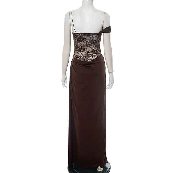 Valentina Cocoa Lace Draped Maxi Dress