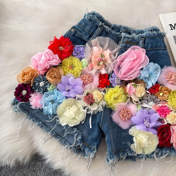 Flora 3D Floral Denim Shorts Apparel One-piece