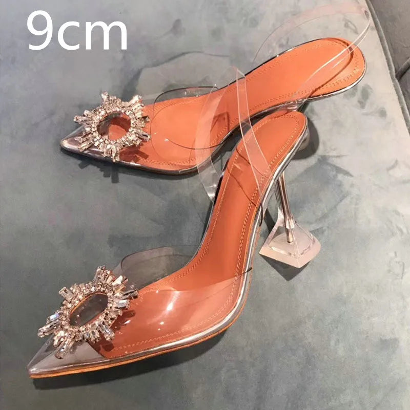 34-45 PVC Transparent Crystal Shoes 2024 Summer New Pointed Odd Heel Shoes Stiletto Ladies Sun Decoration Wild Fairy Shoes