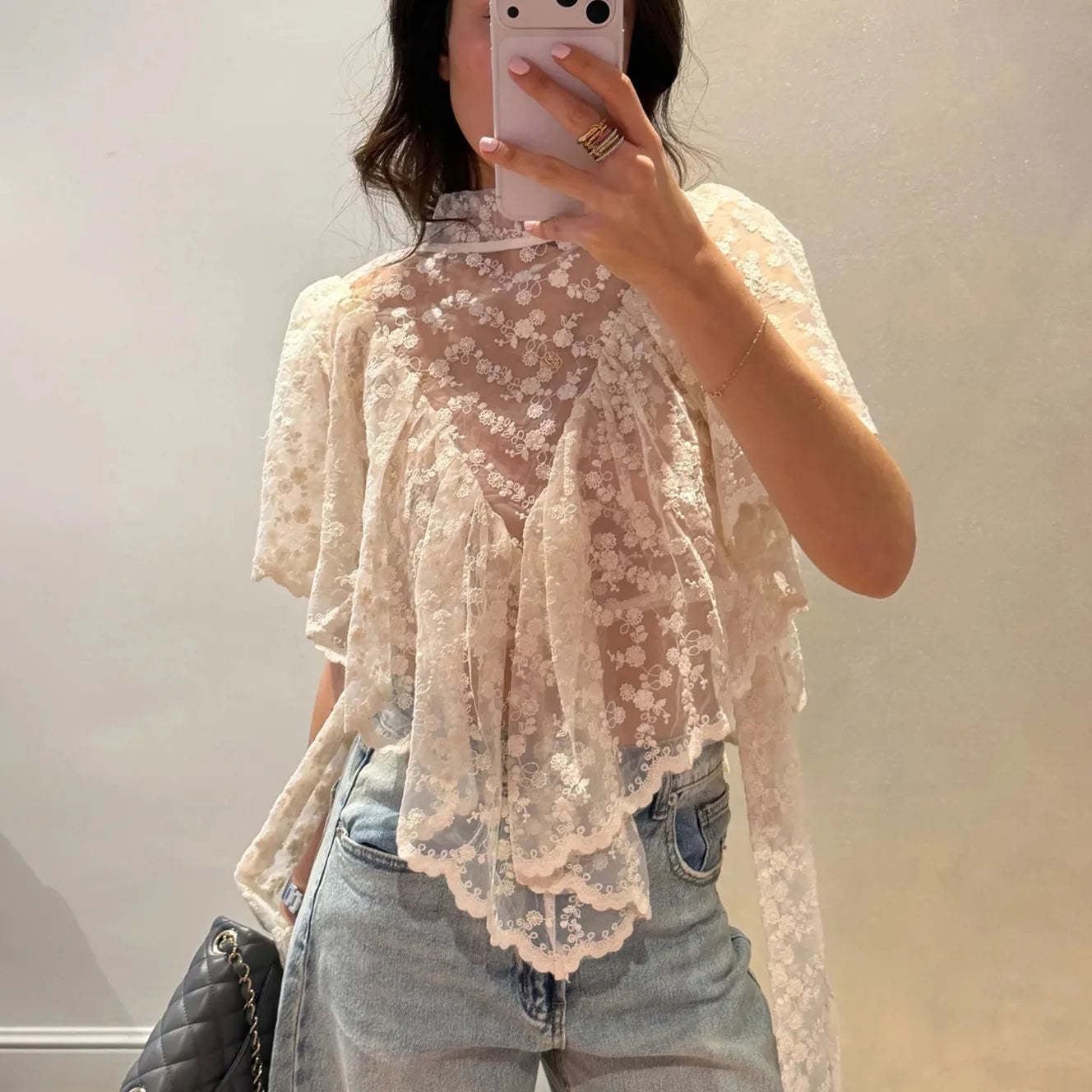 hirigin Y2K Fairy Mesh See Through Casual High Neck Looseshawls Women Floral Lace Embroidery Shawl Tops Asymmetrical Streetwear