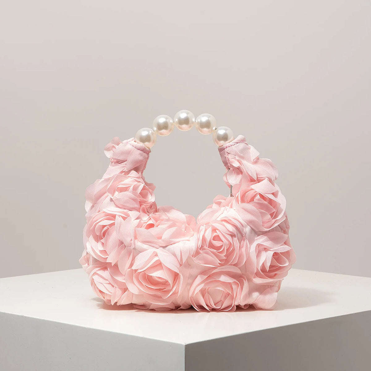 Rosalind Satin Rosette Pearl-Handle Half-Moon Evening Bag