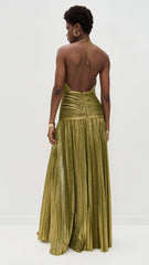 Alina Gold Pleated Halter Maxi Dress