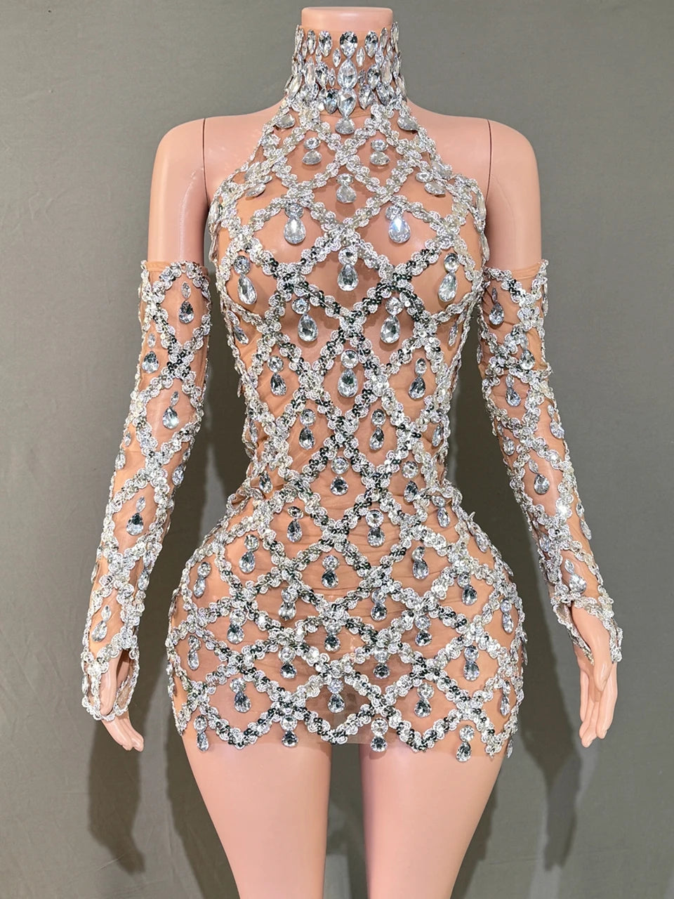 Calliope Rhinestone Performance Mini Dress & Gloves Two-piece
