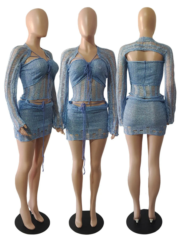 Marisela Sequin Crochet Knit Tie-Front Crop Top & Mini Skirt Two-piece