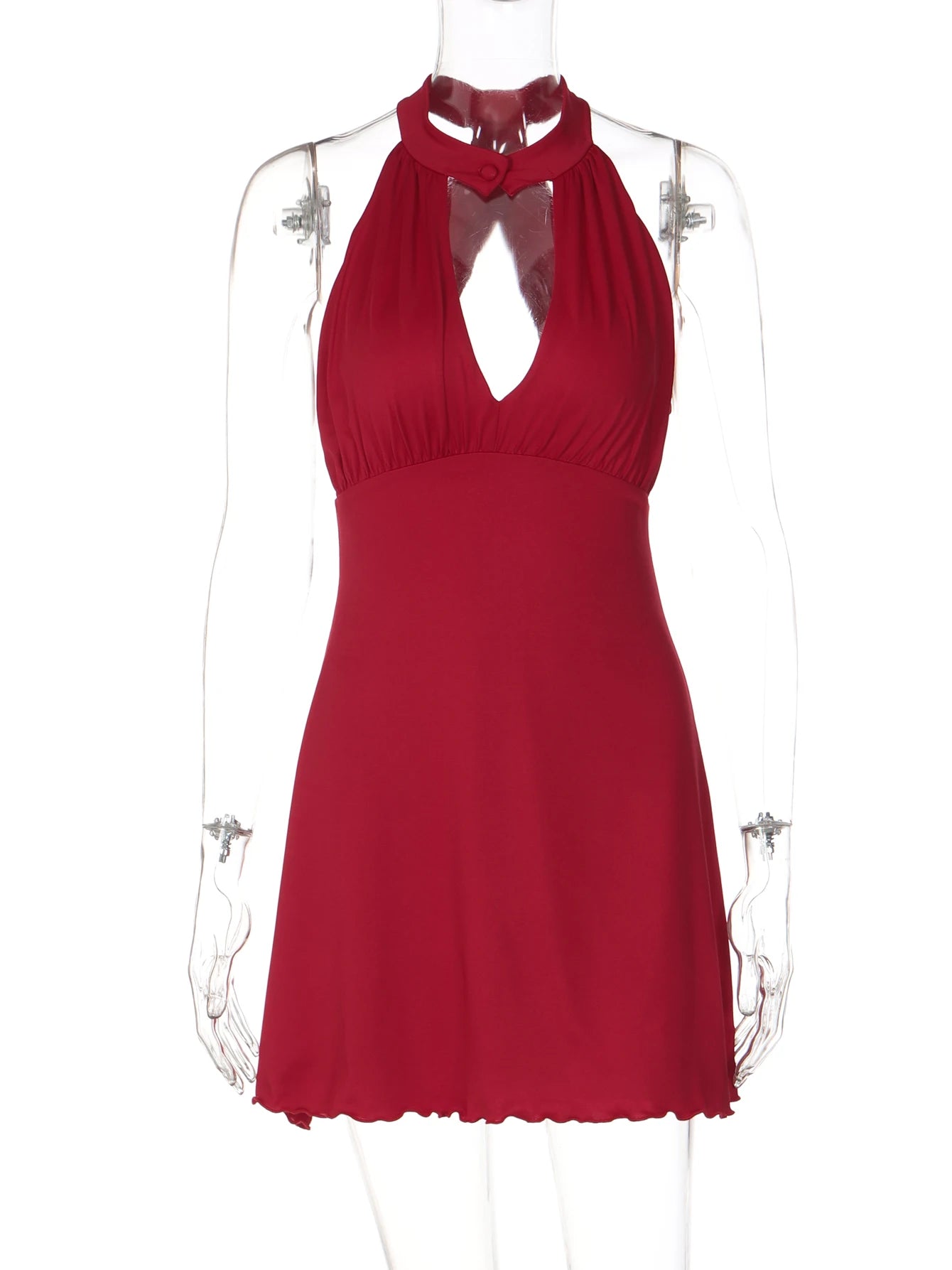 Ruby Ruched Ruffle Halter Mini Dress