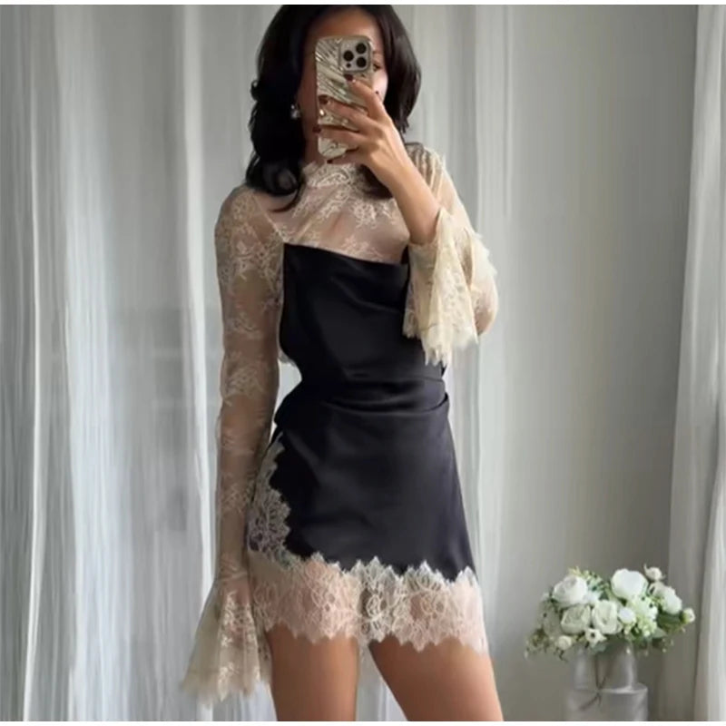 Genevieve Lace-Patchwork Flared-Sleeve Mini Dress