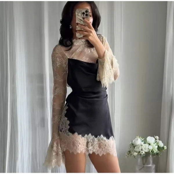 Genevieve Lace-Patchwork Flared-Sleeve Mini Dress
