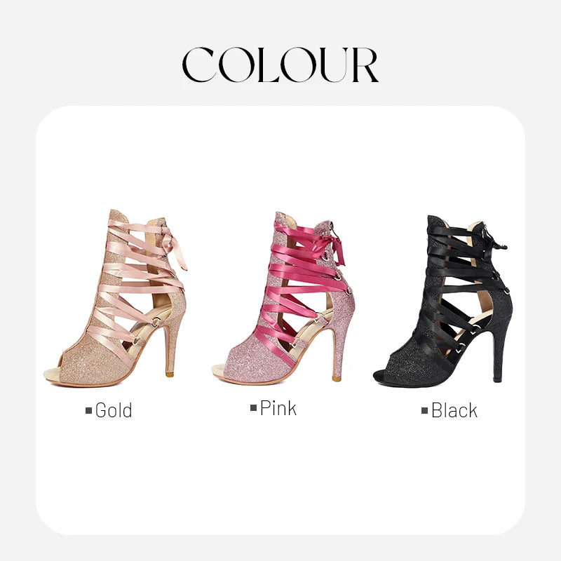 DKZSYIM Women Dance Boots Girls Ladies Jazz Dancing Shoes Thin Heels Glitter Shining Latin Indoor Party Dance Shoes Personalized
