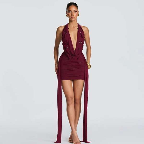 Roxana Beaded Deep-V Halter Mini Dress