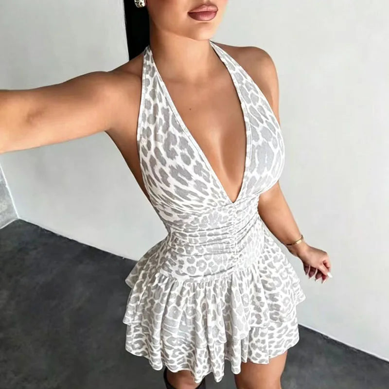Yesenia Leopard Halter Plunge Ruffle Mini Dress