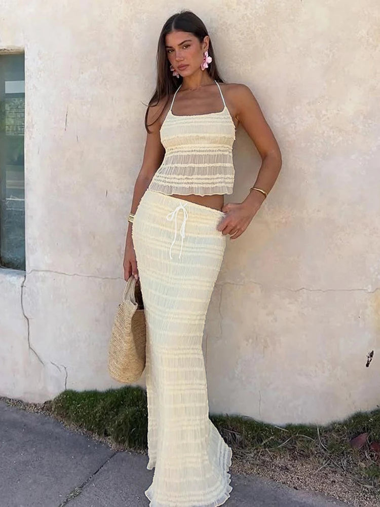 Daria Mesh Ruched Halter Maxi Skirt Set Two-piece