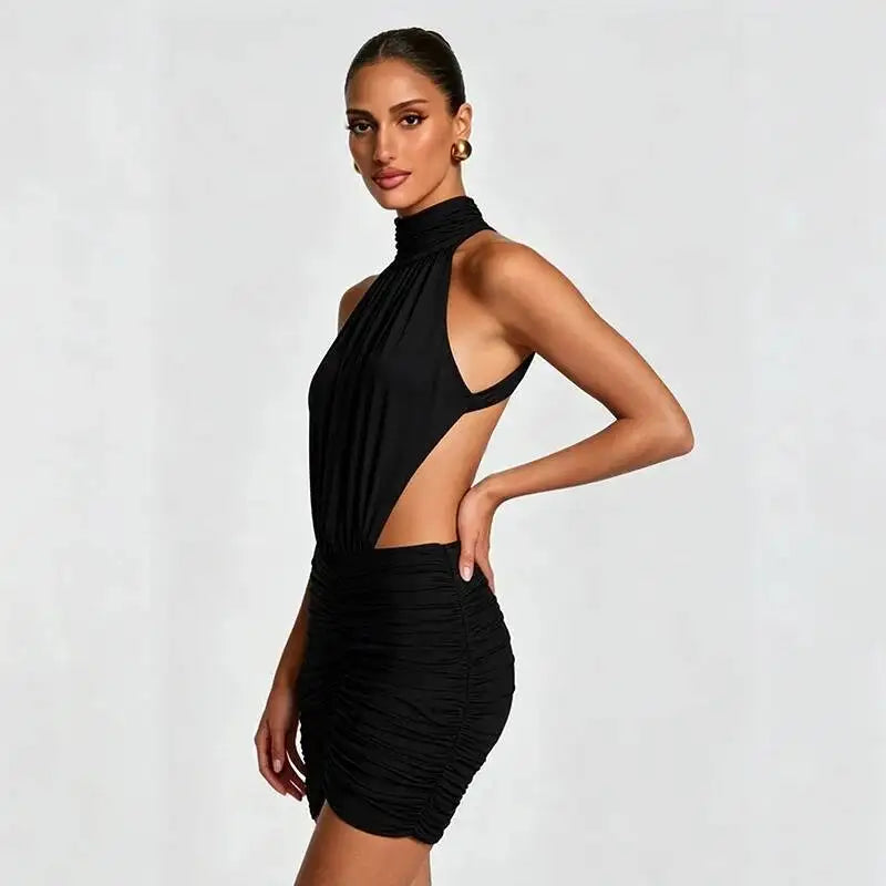 Marcella High-Neck Ruched Backless Mini Dress