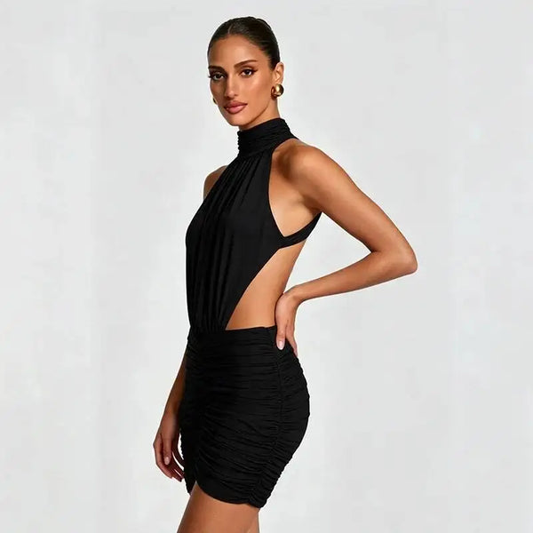 Marcella High-Neck Ruched Backless Mini Dress