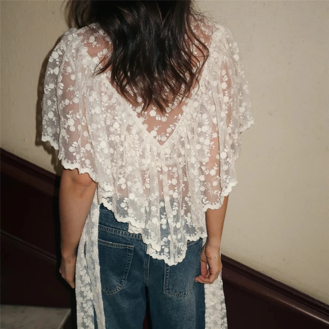 hirigin Y2K Fairy Mesh See Through Casual High Neck Looseshawls Women Floral Lace Embroidery Shawl Tops Asymmetrical Streetwear