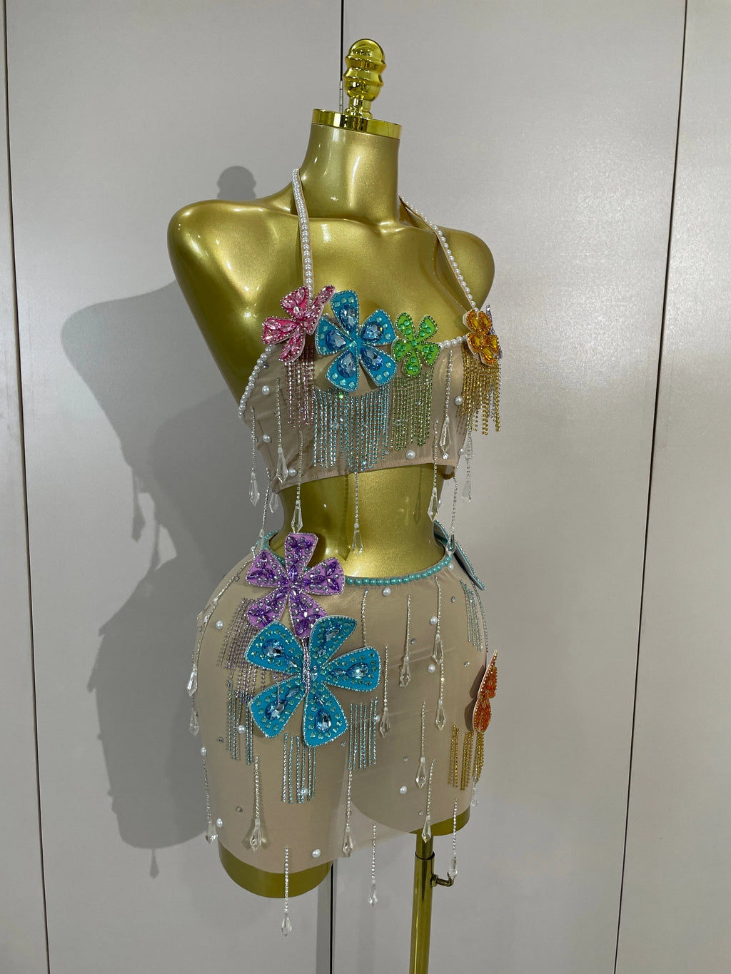 Esmeralda Crystal Fringe Flower Bra Top & Mini Skirt Two-piece