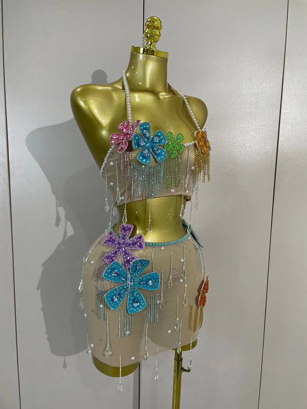 Esmeralda Crystal Fringe Flower Bra Top & Mini Skirt Two-piece