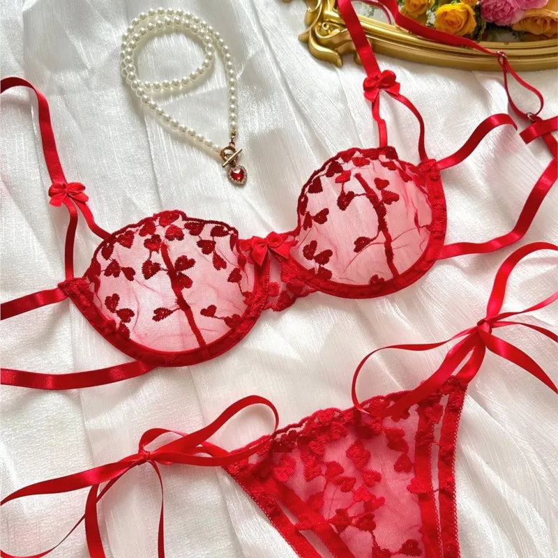Zelinda Heart Embroidered Sheer Mesh Strappy Underwire Bra & Tie Thong Lingerie Two-piece