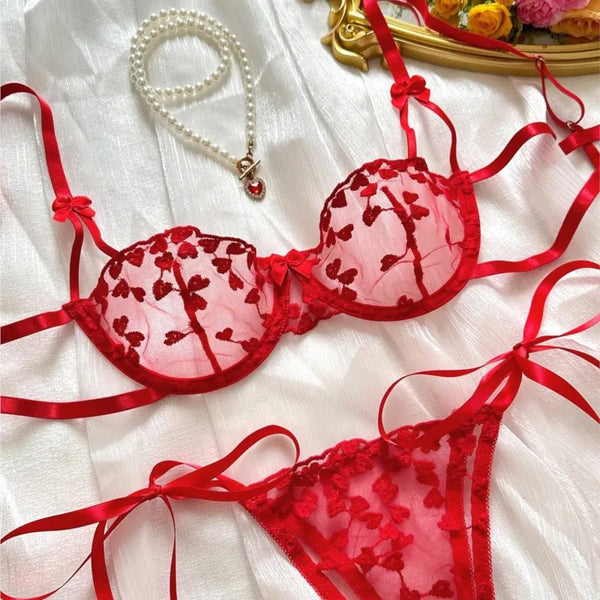 Zelinda Heart Embroidered Sheer Mesh Strappy Underwire Bra & Tie Thong Lingerie Two-piece