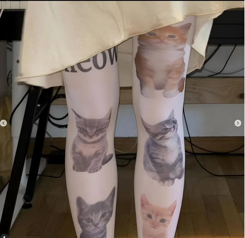 Meow Cat-Print Graphic Pantyhose