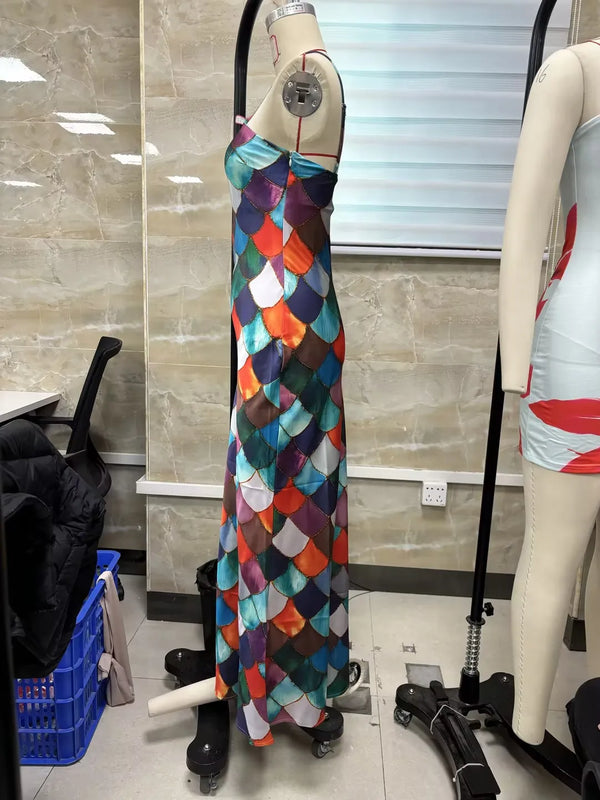 Gwenllian Harlequin Print Halter Slip Maxi Dress