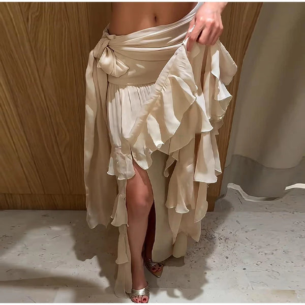 Leokadia Layered Ruffle Tiered Tie-Waist Side-Slit Maxi Skirt One-piece
