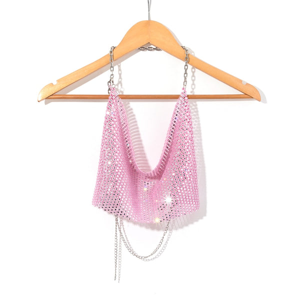 Leqoel Rhinestone Tops for Women 2022 Fashion Sleeveless Halter Hollow Out Shiny Metal Cropped Mesh Tank Sexy Backless Top