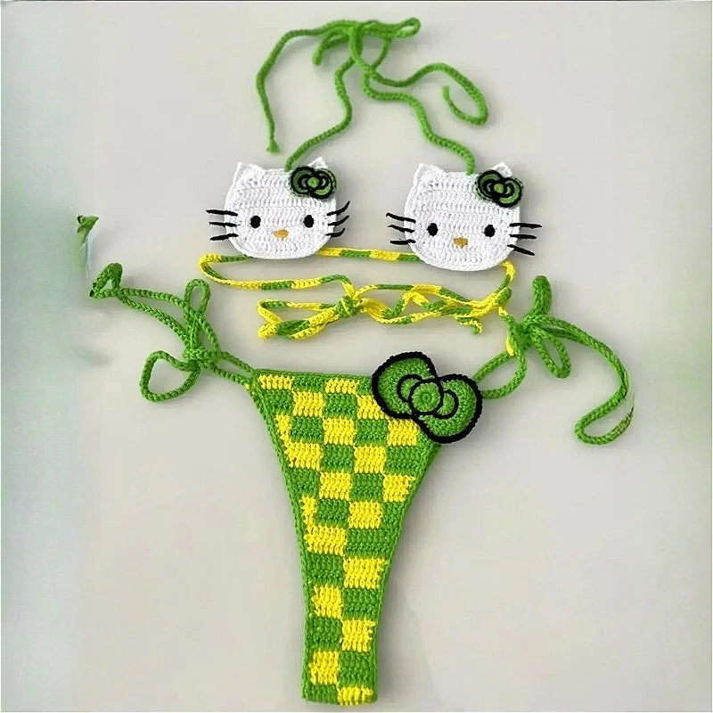 Cute Hello Kitty Ladys Sexy Swimsuit Crochet Bikinis Set Sanrio 2Pcs Womens Swimming Suit Micro Bikini Thongs Bathing Suit Beach