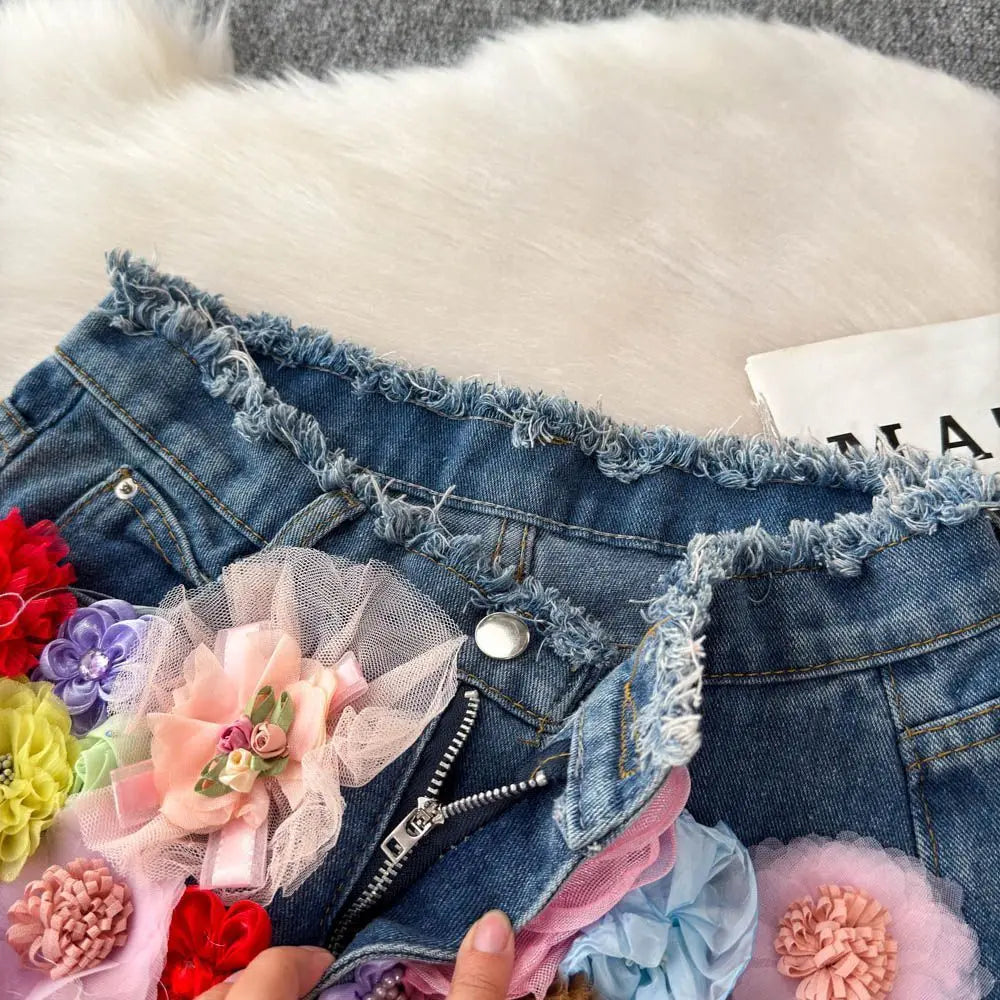 Flora 3D Floral Denim Shorts Apparel One-piece
