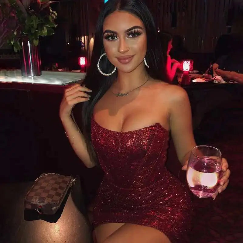Aurelina Glitter Strapless Ruched Bodycon Mini Dress