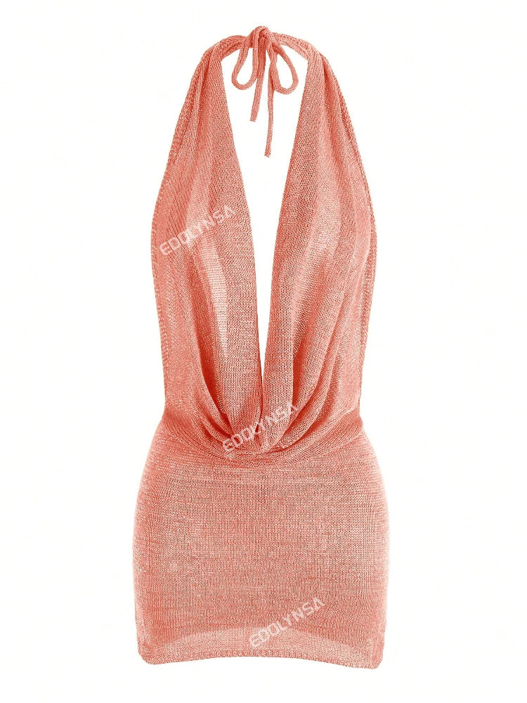 Agnieszka Draped Cowl Halter Backless Knit Mini Dress