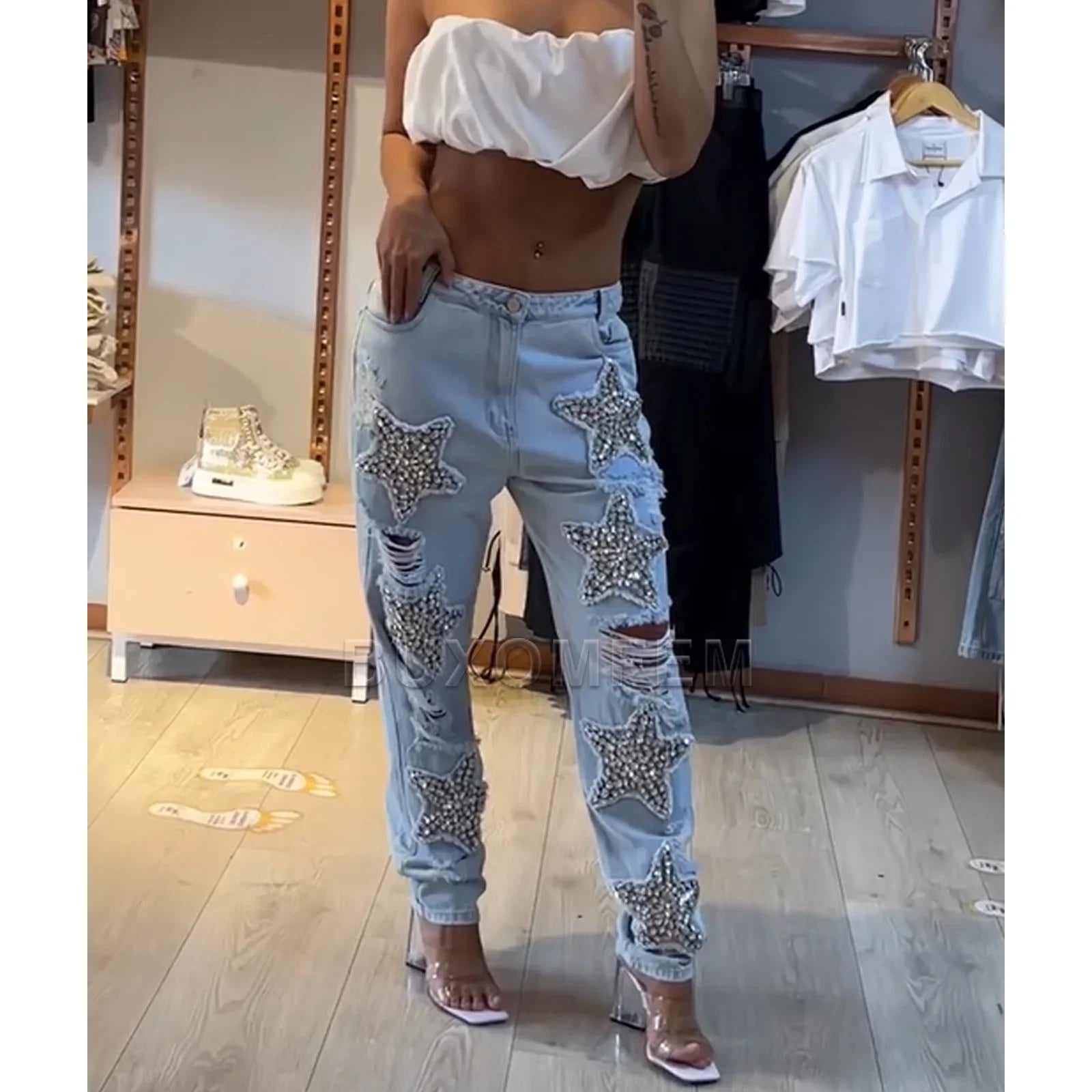 Sawyer Rhinestone Star Distressed Wide-Leg Jeans One-piece Secondary image