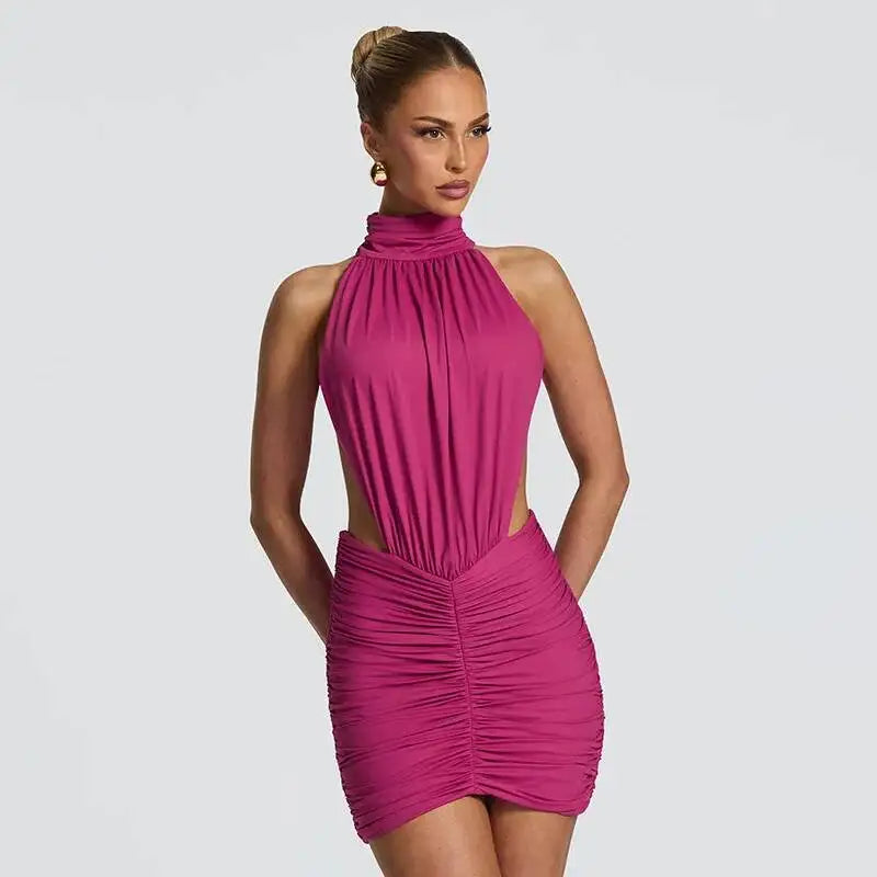Marcella High-Neck Ruched Backless Mini Dress