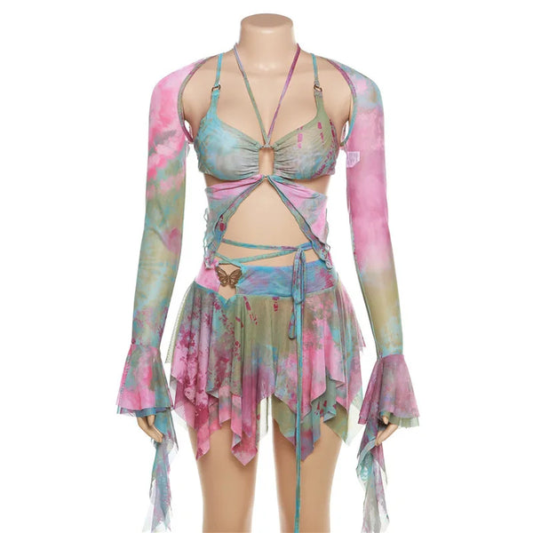 Gwynedd Y2K Ruffle Tie-Dye Crop Top & Wrap Mini Skirt Set