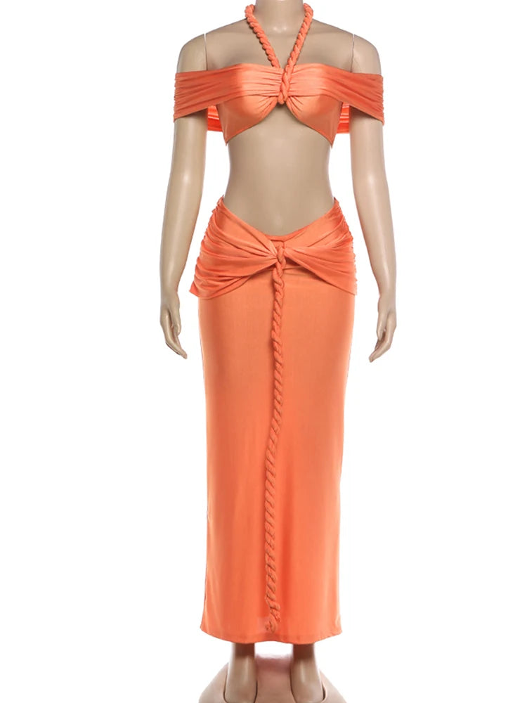 Kliou Twist Bandage Design 2 Piece Set Woman Halter Off Shoulder Backless Crop Tops+Ruched Long Skirts Prom Party Elegant Suits