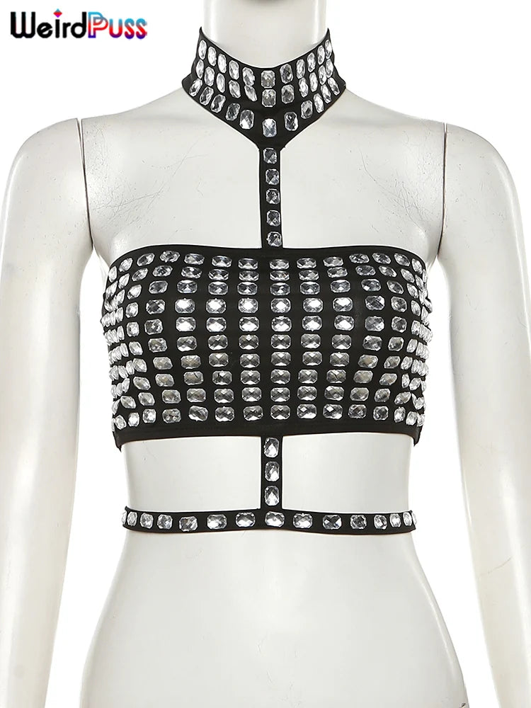 Tullia Rhinestone Halter Choker Backless Crop Tube Top One-piece