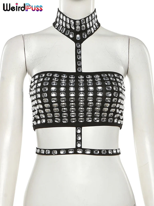 Tullia Rhinestone Halter Choker Backless Crop Tube Top One-piece