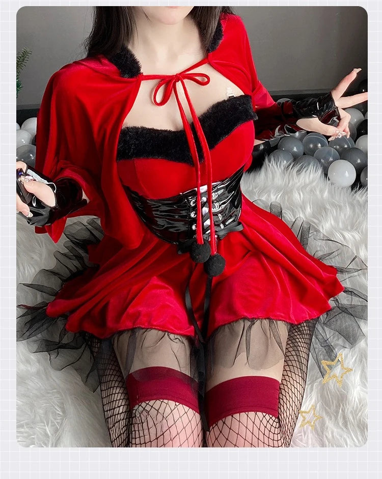 Lucinda Red Velvet Devil Costume Set with Cape, Corset Belt & Horns