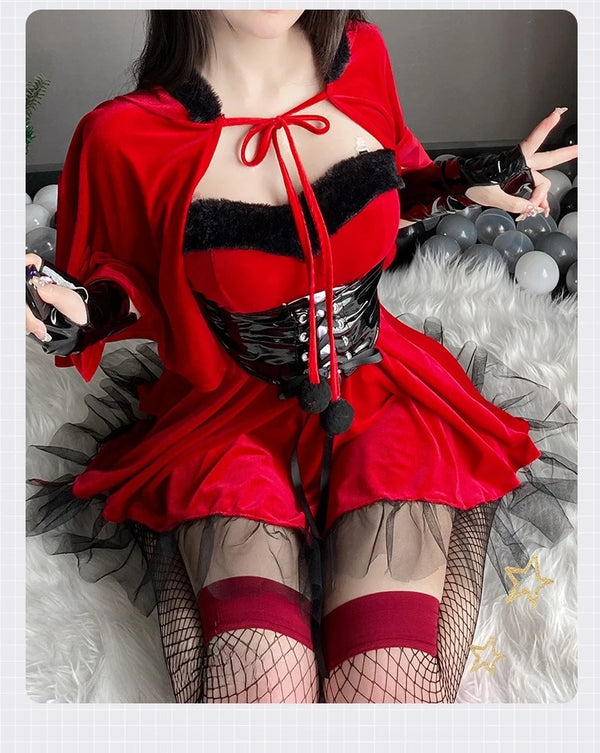 Lucinda Red Velvet Devil Costume Set with Cape, Corset Belt & Horns