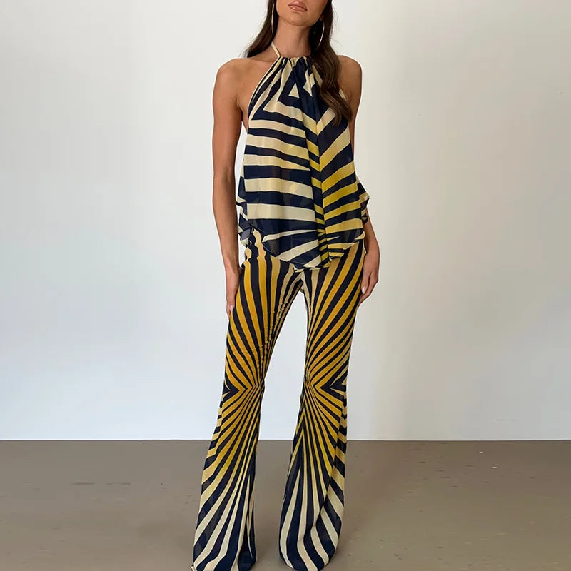 Marisela Retro Geometric Stripe Halter Backless Top & Flare Pants Two-piece