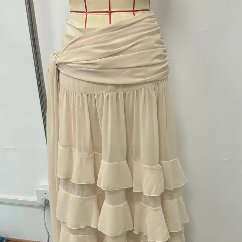 Leokadia Layered Ruffle Tiered Tie-Waist Side-Slit Maxi Skirt One-piece