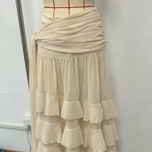 Leokadia Layered Ruffle Tiered Tie-Waist Side-Slit Maxi Skirt One-piece