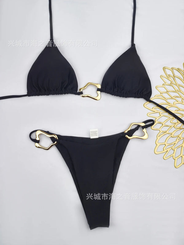 Women's Sexy Solid Halter Bikini Set Lace-Up Low Waist Two-Piece Triangle Thong Swimwear Leopard Tie On Side Brazilian Biquinis