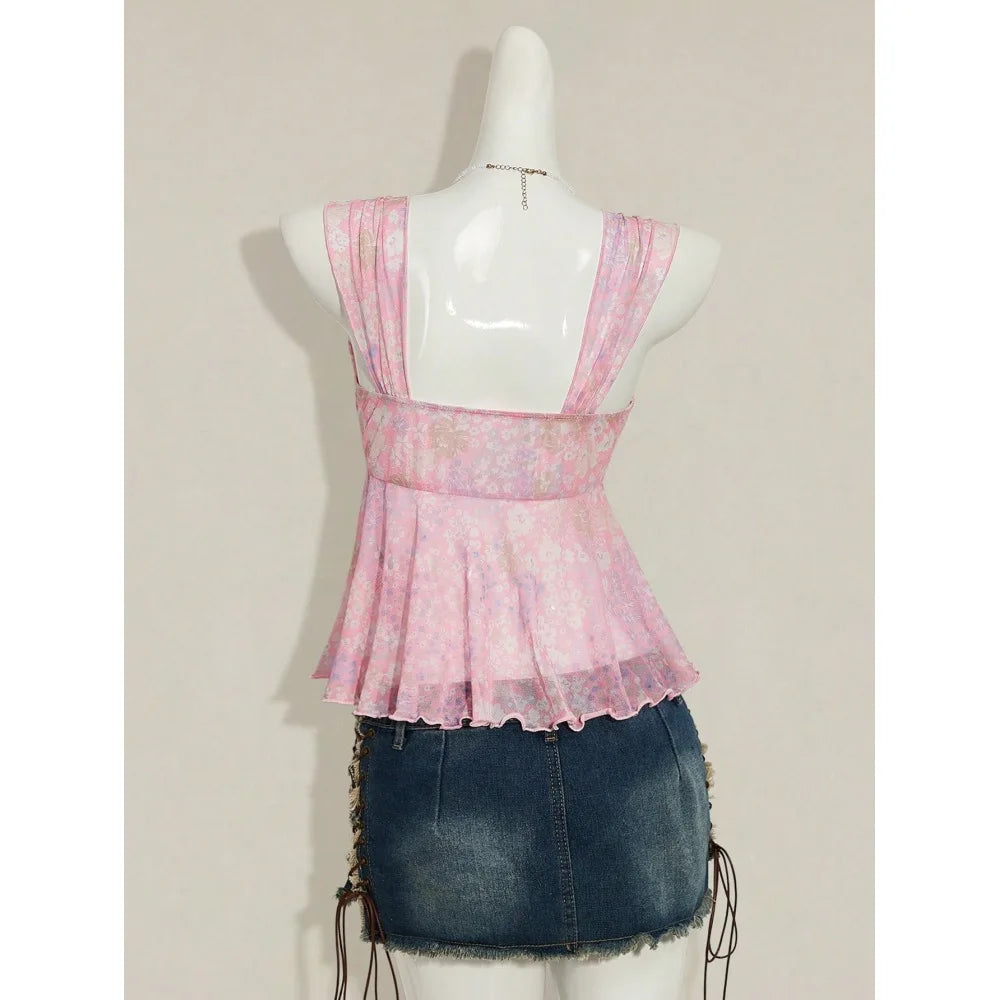 Poppy V-Neck Bow Sheer Camisole Crop Top One-piece