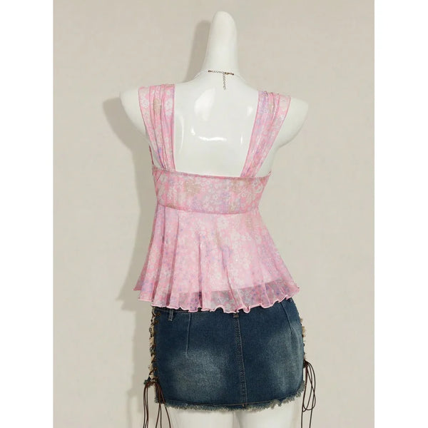 Poppy V-Neck Bow Sheer Camisole Crop Top One-piece
