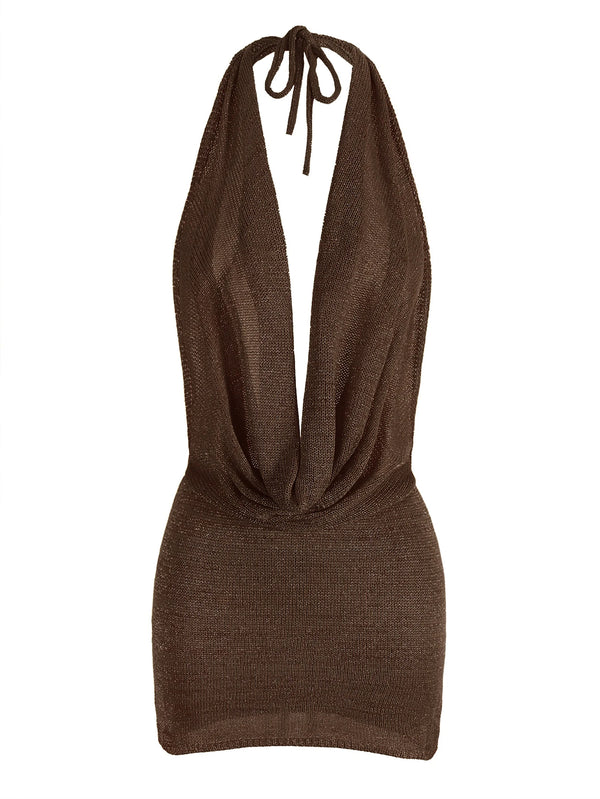 Agnieszka Draped Cowl Halter Backless Knit Mini Dress