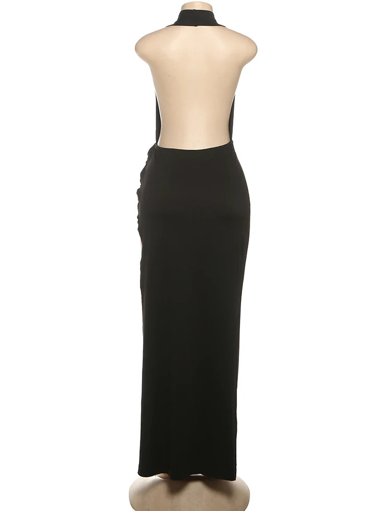 Annalisa Plunge Halter Ruched Backless High-Slit Maxi Dress